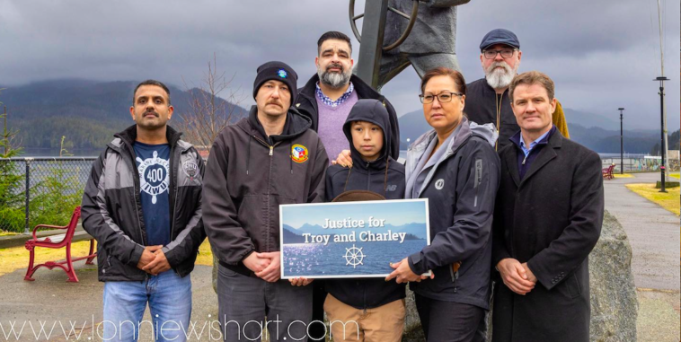 A gathering was held at Mariners Park in Prince Rupert to commemorate Troy Pearson and Charley Cragg's lives and advocate for better safety regulations for workers on commercial vessels on the coast.