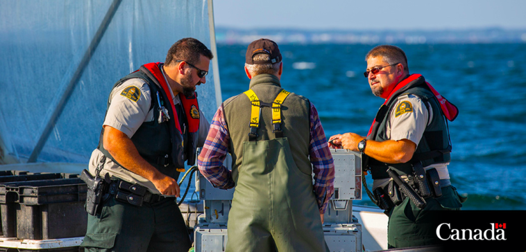 DFO officers performing compliance checks on the water to remind harvesters of the importance of following regulations and licence conditions, and to educate on marine mammal regulations. While electronic monitoring and digital systems are essential for DFO work, having a presence on the waters is just as important.