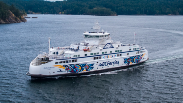 The Salish Heron is the newest ferry in the BC Ferries fleet. The artwork on the sides is by Coast Salish artist Maynard Johnny Jr. This vessel is part of the Salish class fleet, which honours the Coast Salish people as the traditional stewards and original mariners of the Salish Sea. With a capacity for 138 vehicles and 600 passengers/crew, the Salish Heron boasts a quiet operation and smooth sailing experience for passengers while being environmentally friendly with its low hydrodynamic resistance and small wake.