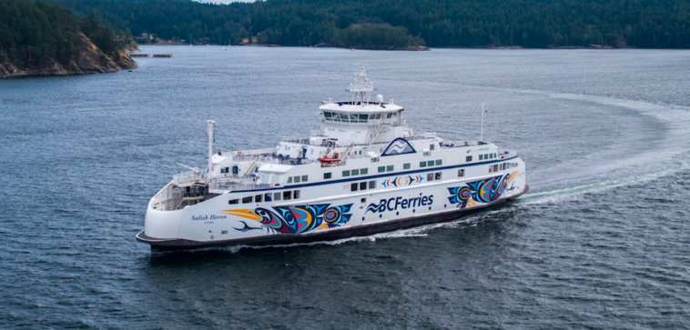 The Salish Heron is the newest ferry in the BC Ferries fleet. The artwork on the sides is by Coast Salish artist Maynard Johnny Jr. This vessel is part of the Salish class fleet, which honours the Coast Salish people as the traditional stewards and original mariners of the Salish Sea. With a capacity for 138 vehicles and 600 passengers/crew, the Salish Heron boasts a quiet operation and smooth sailing experience for passengers while being environmentally friendly with its low hydrodynamic resistance and small wake.