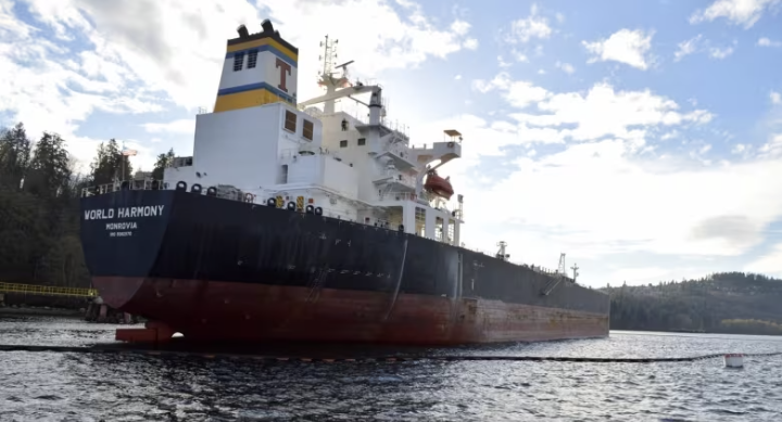 Tanker at the shallow TMX Transmountain Pipeline terminus in Burnaby, BC.