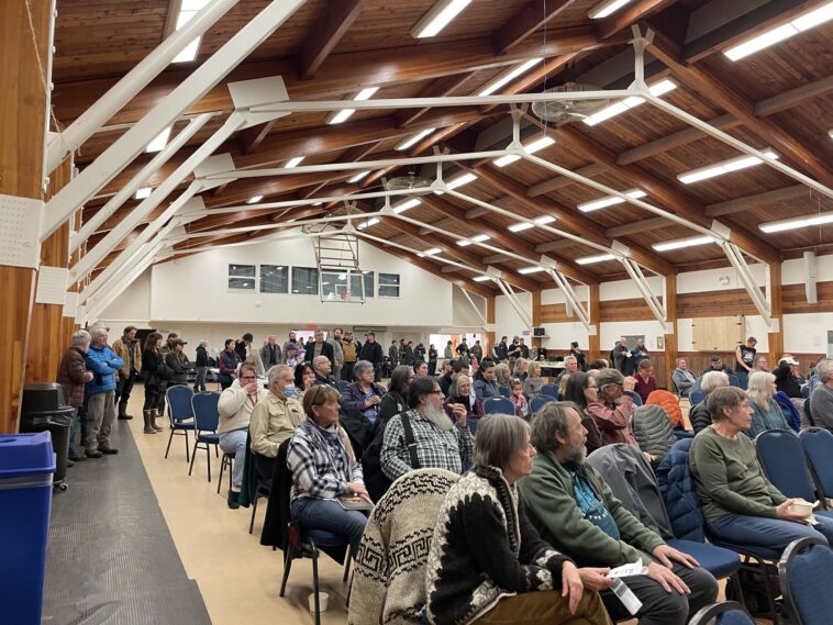 People gathered at the community information session on the proposed Ksi Lisims LNG Terminal in the Nass estuary, hosted by the Anspayaxw Band and Kispiox Valley Community Association.