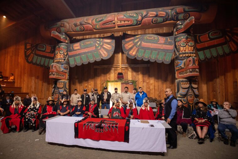 The Kitasoo Xai’xais First Nation elected and hereditary leadership in their government building.