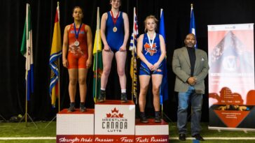 Sara McPhail on the first place podium at the 2024 Canadian Wrestling Championships in Toronto