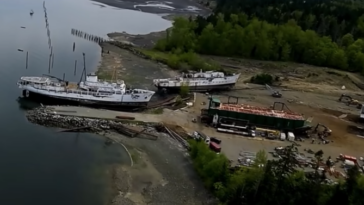 A bird's eye view of the shipwrecking operation at Union Bay.