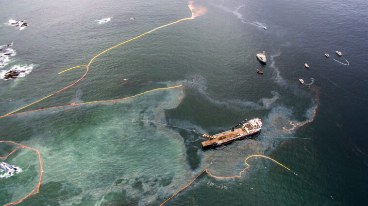 An aerial view of the Nathan E. Stewart oil spill and cleanup