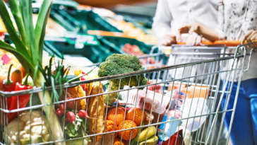 close up image of a grocery cart filled with fresh vegetables