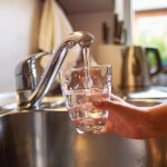 cup of water under a stainless steel kitchen sink