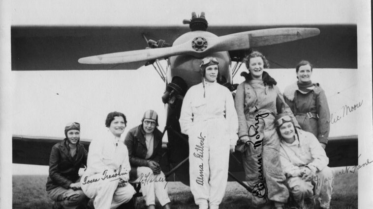 The ‘Flying Seven’ circa 1936 (from left to right) Jean Pike, Tosca Trasolini, Betsy Flaherty, Alma Gilbert, Elianne Roberge, Margaret (Fane) Rutledge, and Rolie Moore