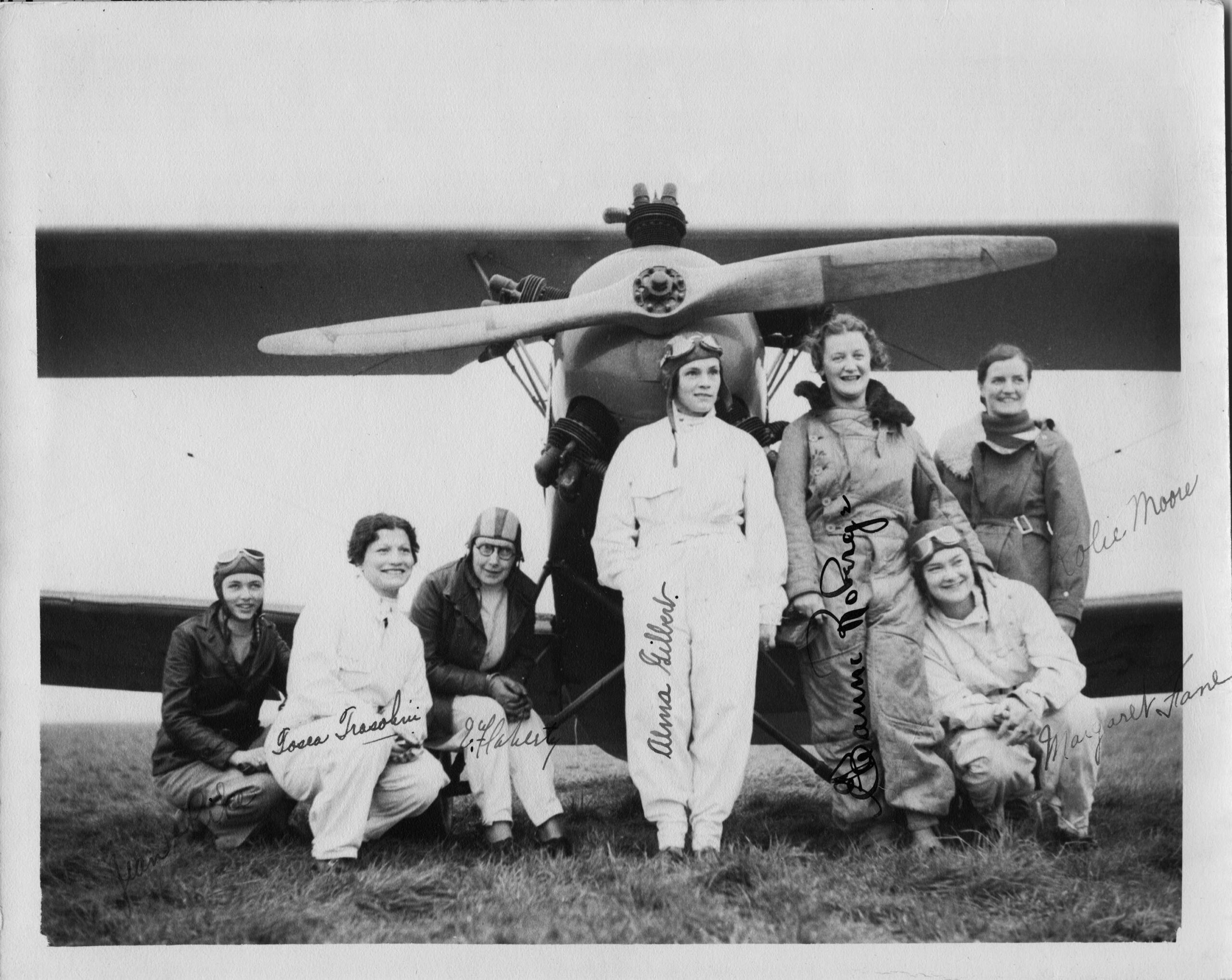 The ‘Flying Seven’ circa 1936 (from left to right) Jean Pike, Tosca Trasolini, Betsy Flaherty, Alma Gilbert, Elianne Roberge, Margaret (Fane) Rutledge, and Rolie Moore